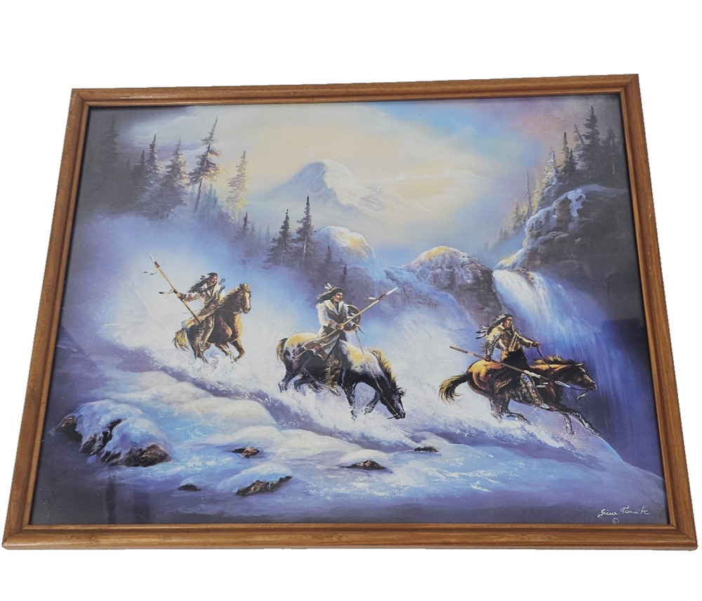 Gina Femrite Indian Eagle Snow Warrior on Horse framed Native American art print